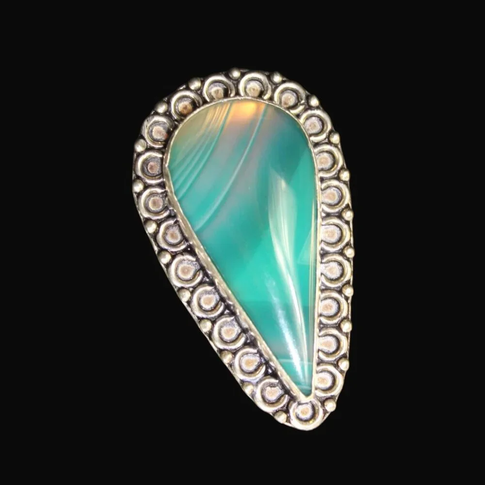 Vintage 925 Silver Green Banded Agate Statement Ring Boho Southwest Teardrop - Picture 3 of 8